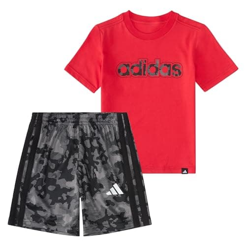 adidas boys Two-Piece Short Sleeve World Cup Tee & Printed Camo Short Set, Pure Ruby, 7