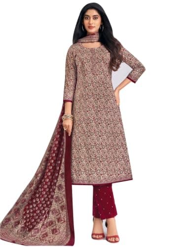ladyline Womens 100% Cotton Jaipuri Printed Salwar Kameez Suit – Ethnic Kurta, Pants & Mal Dupatta Set | Indian Punjabi Dress (CPSK DTCG) (44/ Beige)