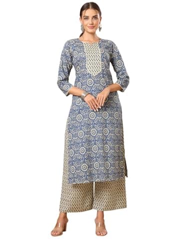 Tissu Women's Indigo Printed Pure Cotton Kurta with Palazzo (Tis-705_Blue_L)