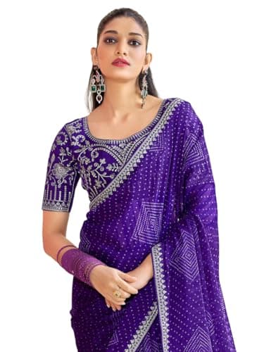 MAHEK Bandhani Saree for Women's Traditional Indian saree with Lace, Partywear Wedding Wear Chiffon Bandhani saree89 (Jamuni)