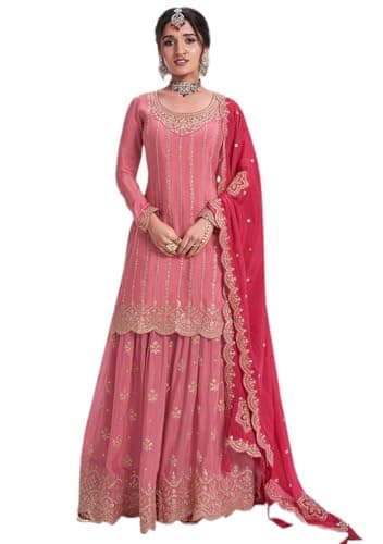 Indya Peach Embroidered Chinon Sharara Set for Wedding | Long Sleeve | Scoop Neck | Salwar Kameez | Kurta Set