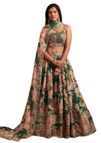 Indya Women's Green Blended Floral Print Sleeveless U-Neck Embroidered Lehenga Set