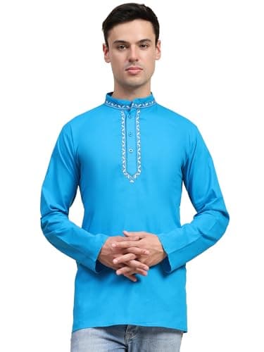 SKAVIJ Mens Cotton Henley Shirts Casual Band Collar Kurta Long Sleeve Embroidered T-Shirt (Medium, Turquoise)