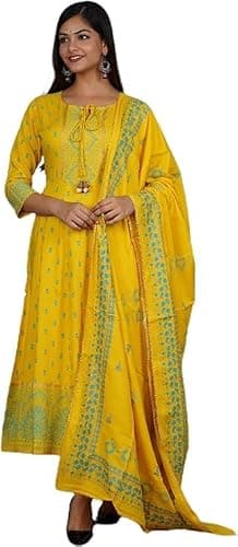 Hillcraft Women’s Cotton Printed Kurti Pant Dupatta Set | Ethnic Indian Salwar Suit | 3/4 Sleeves | Hand Work Yoke Design | (US, Alpha, Large, Regular, Regular, Yellow)