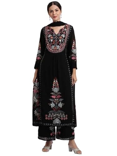 DREAMANGEL FASHION Womens Georgette V-Neck Embroidered Kurta Plazzo With Dupatta (Black, Small)