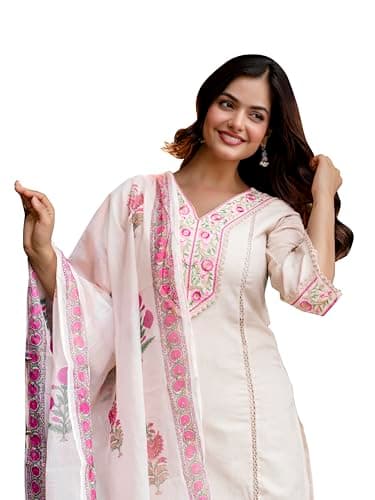 TRENDMALLS Women's Cotton Embroidery Kurta Pant with Dupatta Salwar Suit Set (G287-Offwhite-L)
