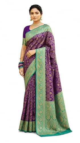TRILOK CREATION Women’s Banarasi Silk Saree with Woven Traditional Design | Elegant Ethnic Wear for Wedding & Festive Occasions (Purple and rama)