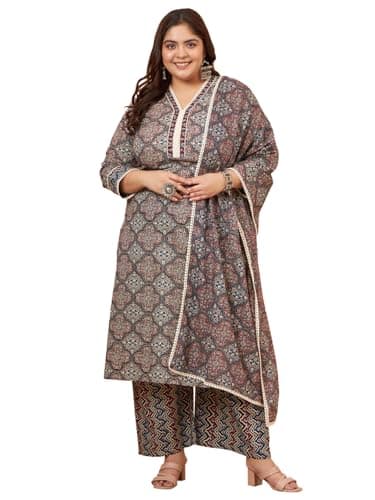 Tissu Women's Plus Size Printed Pure Cotton Kurta Palazzo Set with Dupatta (T-Plus-722_7XL_Multi)