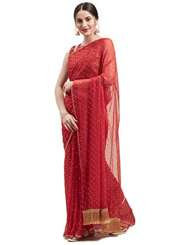 CRAFTSTRIBE Chiffon Stone Work Sari Indian Wedding Bollywood Red Saree For Women