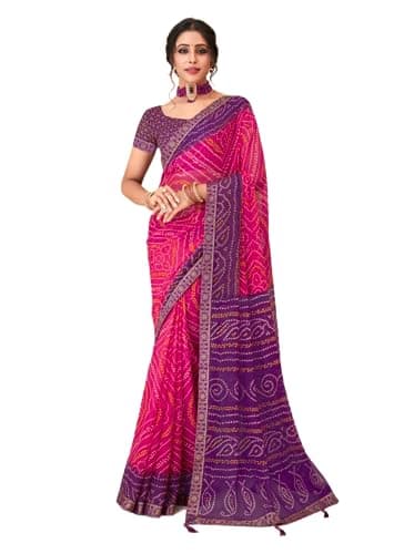 Jaanvi fashion Women's Bandhani Printed Chiffon Saree With Lace & Tassels With Unstitched Blouse Piece