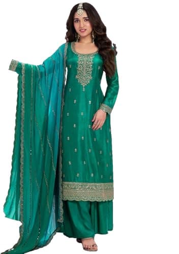 Indya Green Embroidered Silk Blended Straight Kurta Set for Festive | Long Sleeve | Crew Neck | Salwar Kameez