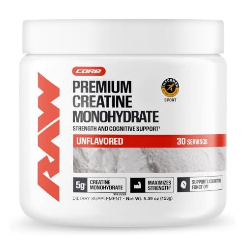 RAW Nutrition Creatine Monohydrate Powder, Unflavored (30 Servings) - Micronized Creatine Monohydrate Supplement for Workout Performance, Build Muscle & Strength - Creatine Powder for Men & Women