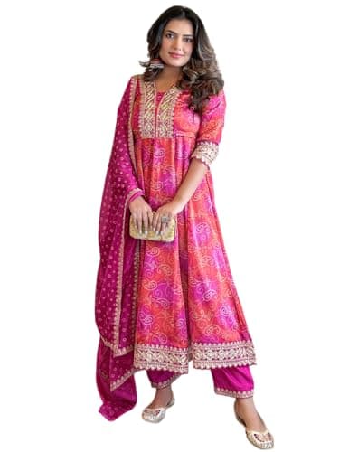 The Red Lion Enterprise Women's Long Anarkali Gown with Embroidered Dupatta Perfect for Weddings & Festive wear (US, Alpha, Medium, Regular, Regular, Pink)