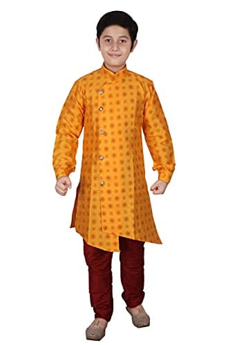 Pro-Ethic Style Developer Kids Ethnic Indian Silk Floral Printed Kurta Sets For Boys| Pack Of 1 (Yellow, 4-5 T)