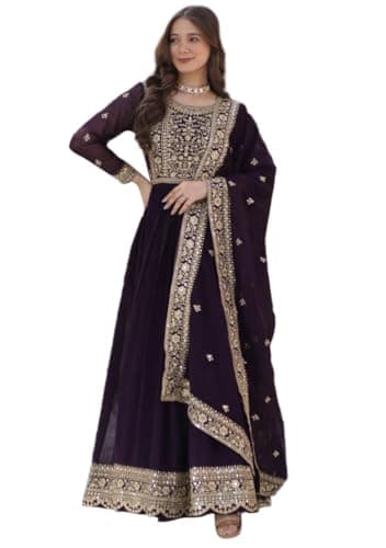 Indya Wine Embroidered Faux Anarkali With Dupatta for Festive | 3/4 Sleeve | Crew Neck | Indian Ethnic Wear