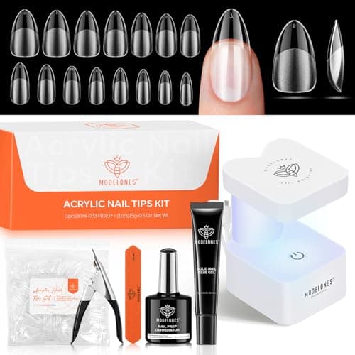 modelones X Nail Gel Kit Almond,510Pcs Nail Tips Solid Glue Prep Dehydrator & Mini U V LED Light Clipper, Upgrade 15Sizes Medium Almond Press on Tips Etch for Easy Extension DIY Women Gift