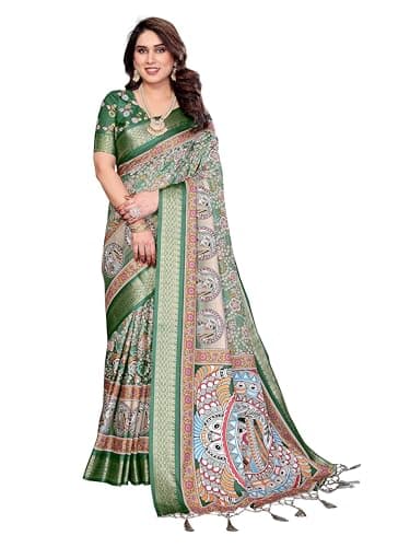 MOHIT CREATIONS Women's Partywear Printed Saree with Unstitched Blouse (Green1)