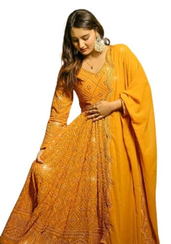 Indya Yellow Embroidered Faux Blooming Anarkali for Haldi | Long Sleeve | V-Neck | Indian Ethnic Wear