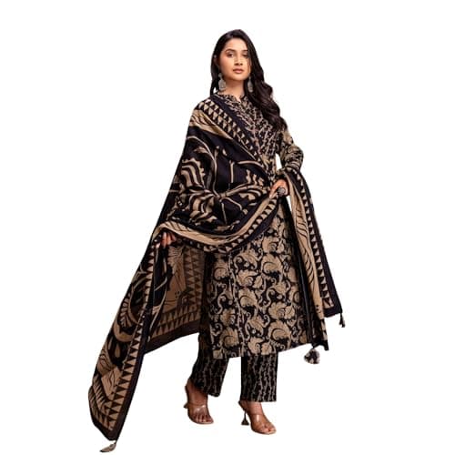 JAIPURIA THREADS Women's Cotton Printed Kurta Pant Set with Dupatta | Indian Ethnic Kurta Set For Festive & Casual Wear (Black & Beige, Large)