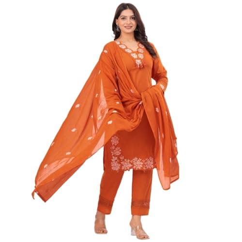 TAGAAI Women’s Cotton Embroidered Kurta Pant Dupatta Set | 3-Piece Indian Ethnic Suit for Women | Traditional Kurti Set for Christmas,Wedding Guest, Festive, Party & Evening Wear - XS