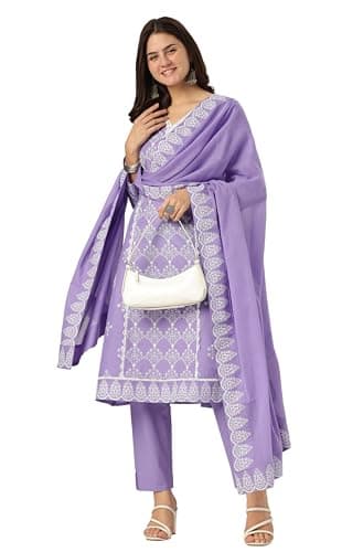 Janasya Indian Women's Cotton Lavender Ethnic Print Casual Wear Kurta Set for Women