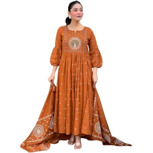 RangMahal Store Women’s Cotton Anarkali Kurti Pant Dupatta Set | Flared 3-Piece Indian Ethnic Dress for Women | Traditional Outfit for Festive, Wedding Guest, Party & Evening Wear-2X-Large
