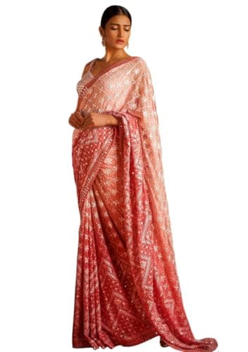 Indya Fanta Orange Solid Georgette Saree Set | Perfect for Party And Cocktail