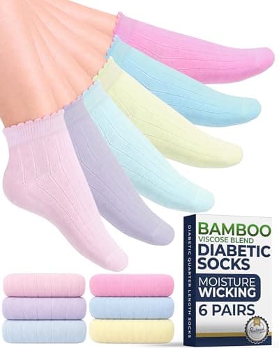 Pembrook Frill Knit Diabetic Socks for Women & Men with Bamboo Viscose - 6 Pairs | Teal, Yellow, Pink, Green, Light Pink, Purple | Non Binding, Loose Top, Smooth Toe Seams | Womens Grn/Yllw-6P