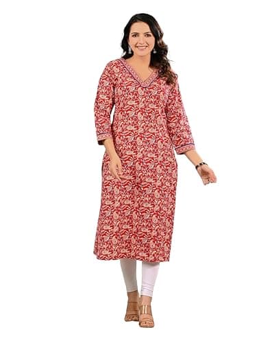 Meyali Womens Cotton Kurti – Printed Straight Fit Casual Wear | Daily Wear Indian Style Kurtis for Office, College & Outings Pink