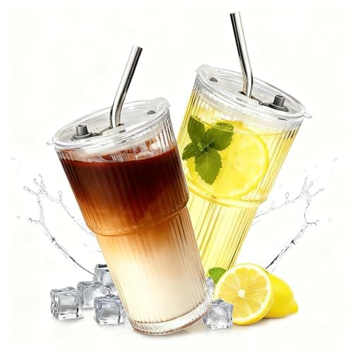 2 Packs Ribbed Glass Tumbler with Lid and Straw 16 oz Cute Ice Coffee Cup Set for Smoothie Juice Matcha Tea Latte Cappuccino Espresso Hot Coffe Water Reusable Clear Travel Mug Aesthetic Drinking Mug