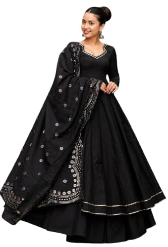 The Red Lion Enterprise Women’s Flared Anarkali Suit with Dupatta Chinon Indian Ethnic Wear for Weddings Festivals Parties (US, Alpha, 3X-Large, Regular, Regular, Black-Gota)