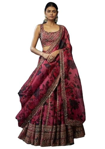 Indya Women's Pink Organza Floral Print Lehenga Set, Sleeveless with Round Neck