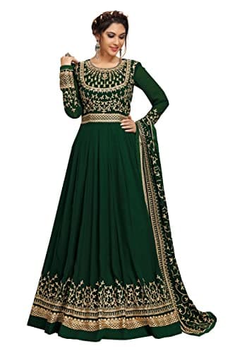 TRENDMALLS Women's Georgette Embroidery Salwar Suit Anarkali Kurta Set with Dupatta (G73-DarkGreen-S)