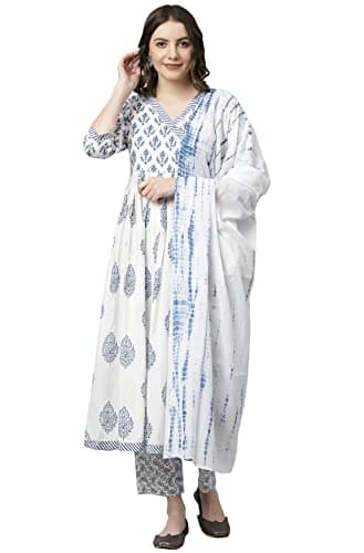 Janasya Indian Women's Cotton White Block Print Festive Wear Kurta Set for Women