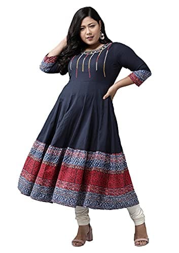 Yash Gallery Women's Plus Size Cotton Embroidered Anarkali Kurta (Blue)
