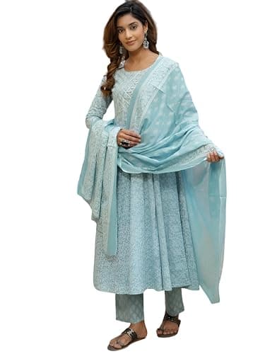 INDACORIFY Indian Printed Cotton Kurti Beautiful Floral Print Casual Dress With Pant Dupatta Set For Women's and Girls Suit (US, Alpha, 5X-Large, Regular, Regular, Gray)