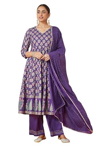 Janasya Indian Women's Rayon Purple Ethnic Print Festive Wear Kurta Set for Women