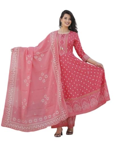 DC LUXXURA Jaipuri Rajasthani Rayon Anarkali Kurti with Palazzo Pant Dupatta Set for Women | 3-Piece Ethnic Indian Suit Set (Peach, Medium)
