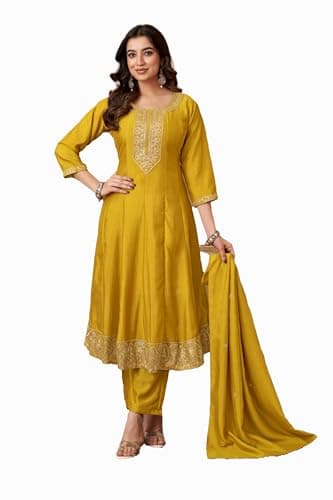 Vedant Vastram Women's Roman Silk Embroidered Stitched Salwar Kameez Dupatta Set (Kaveri-Mustard-XXL)