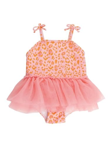 RuffleButts Girls UPF50+ Sun Protection Peplum Smocked Bodice/Tulle Skirted One Piece Swimsuit - Pink Leopard, 2T
