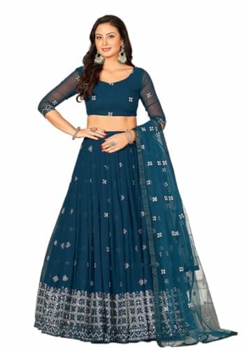Indya Rama Blue Sequin Embroidered Georgette Lehenga Set | Perfect for Wedding | Three Quarter Sleeve | Sweetheart Neck