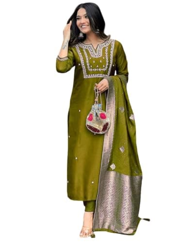 The Red Lion Enterprise Women's Partywear Anarkali Salwar Suit alia cut Embridery Kurti dress 3pc Set (US, Alpha, Large, Regular, Regular, GREEN-X)