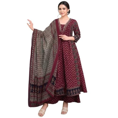 Anarkali Kurta Set for Women Rayon Printed Anarkali Kurti Pant Dupatta Set 3/4 Sleeve Maroon Festive Wear(Medium)