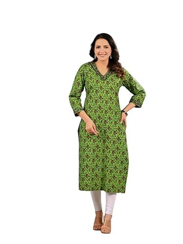 Meyali Womens Cotton Kurti – Printed Straight Fit Casual Wear | Daily Wear Indian Style Kurtis for Office, College & Outings Khaki