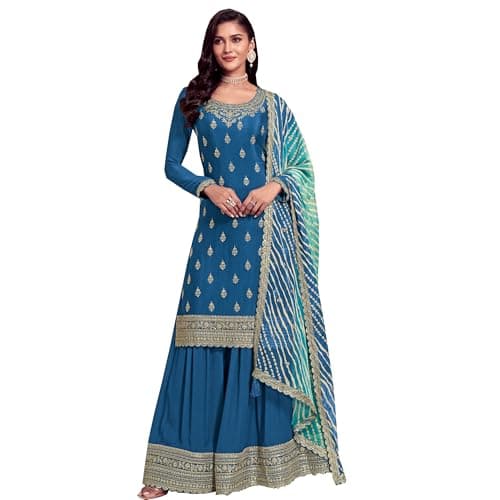 stylishfashion Ready to Wear Shalwar Kameez Sharara Suits Indian Pakistani Wedding Wear Dresses (US, Numeric, 42, Regular, Regular, Blue)