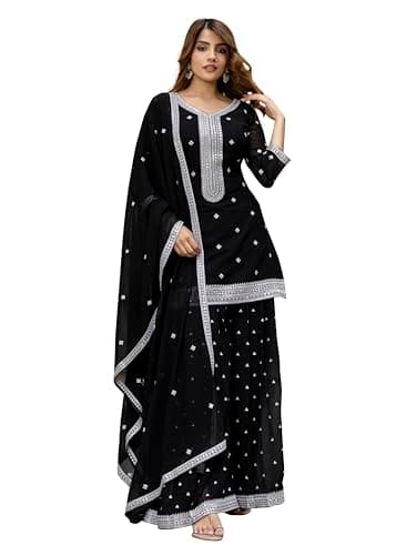 TRENDMALLS Women's Georgette Embroidery work Kurta Palazzo Set with Dupatta for Women (G339-Black-S)