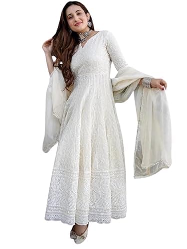 Women's Off White Chikankari Cotton Anarkali Indian Kurti For Women Summer Dress Kurta With Dupatta Set