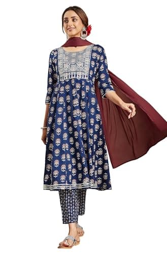 Janasya Indian Women's Cotton Navy Blue Floral Print Festive Wear Kurta Set for Women