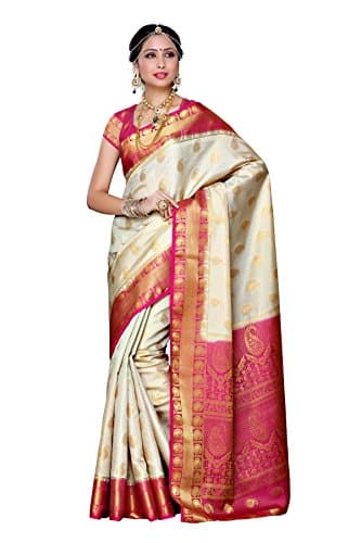 MIMOSA Women's Art Silk Saree Kanjivaram Style With Unstitched Blouse - Off White