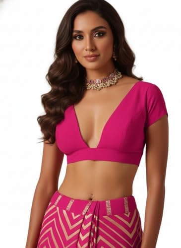 Elina fashion Pink Art Silk Stitched Blouse Deep V Neck Cap Sleeve Readymade Festive Party Saree Lehenga(Pink-M-38)